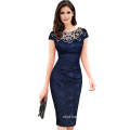 Woman Hollow out Embroidery Channeled Pencil Bodycon Dress Evening Party